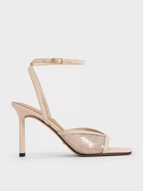 Sequin Mesh & Leather Ankle-Strap Heeled Sandals  - nude