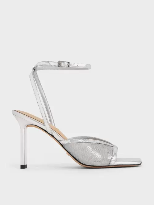 Sequin Mesh & Leather Ankle-Strap Heeled Sandals  - silver