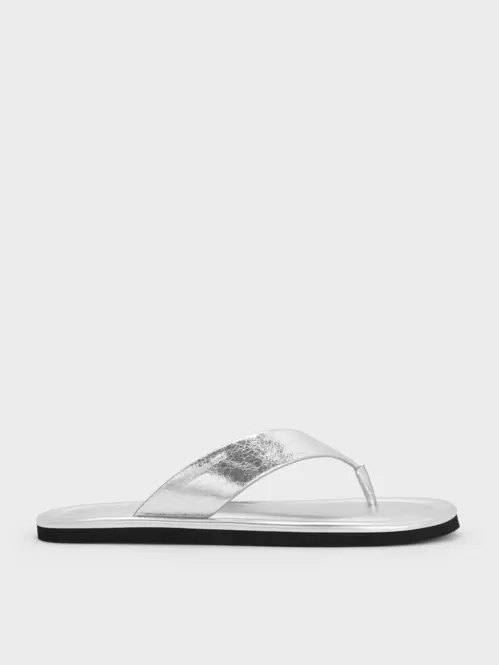 Trinah Metallic Crinkle-Effect Thong Sandals  - silver