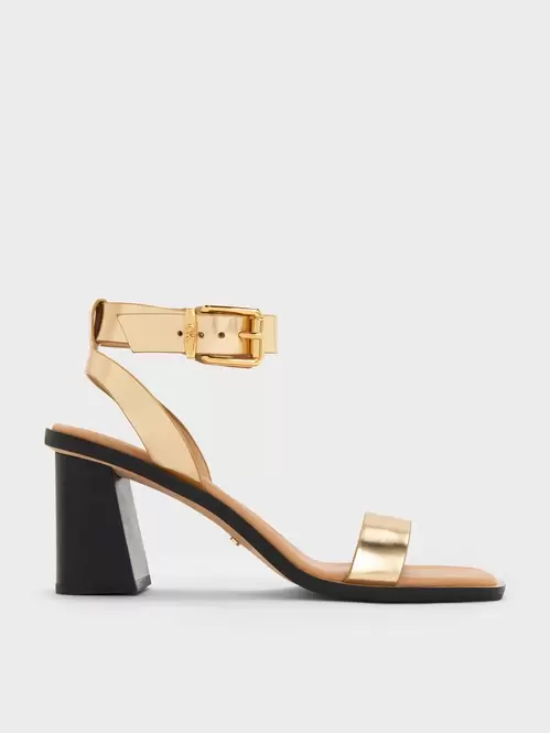 Metallic Leather Ankle-Strap Block-Heel Sandals  - gold