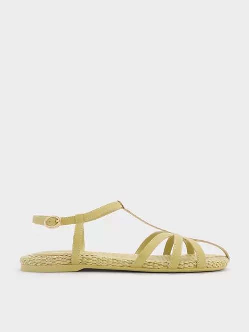 Strappy Raffia T-Bar Ankle-Strap Sandals  - olive
