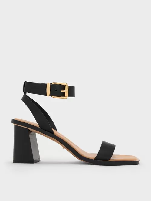Leather Block-Heel Ankle-Strap Sandals  - black