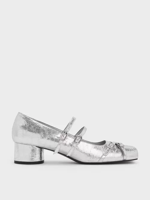 Janis Metallic Crinkle-Effect Double-Strap Mary Jane Pumps  - silver