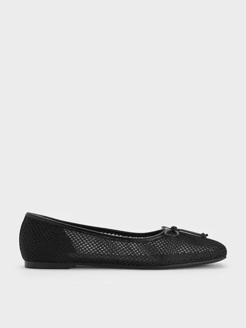 Mesh Square-Toe Bow Ballet Flats  - black textured