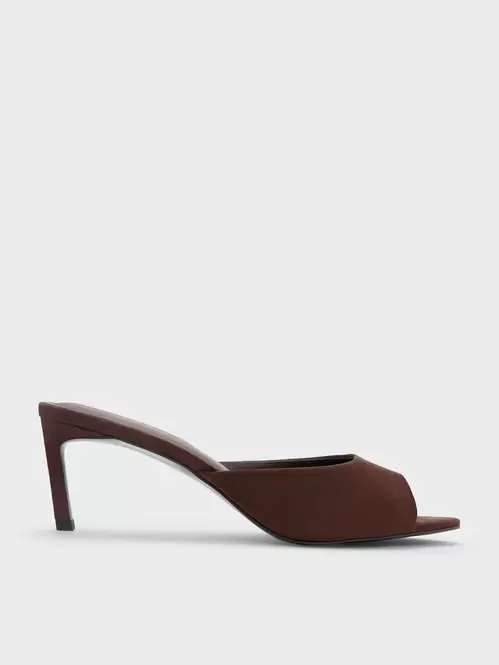 Faux Suede Pointed Peep-Toe Heeled Mules  - dark brown