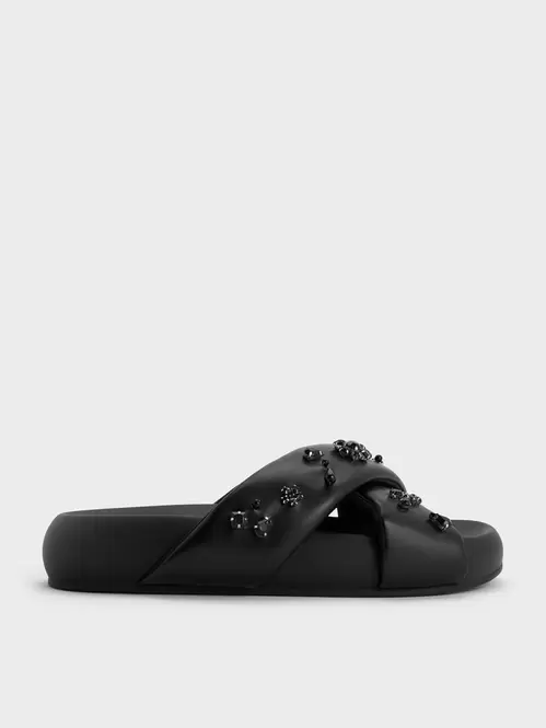 Gem & Pearl Flatform Sandals  - black
