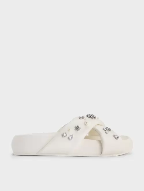 Gem & Pearl Flatform Sandals  - white