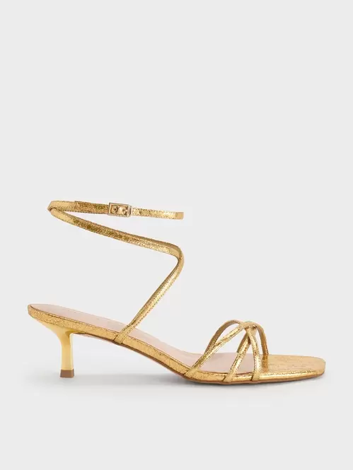 Metallic Crinkle-Effect Strappy Ankle-Strap Kitten-Heel Sandals  - gold