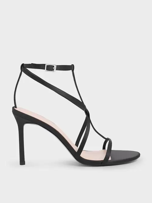 Satin Strappy Stiletto-Heel Sandals  - black textured