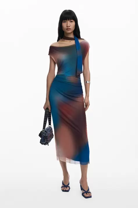 Draped dress with irregular neckline