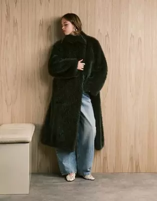 Never Fully Dressed oversized longline faux fur coat in bottle green