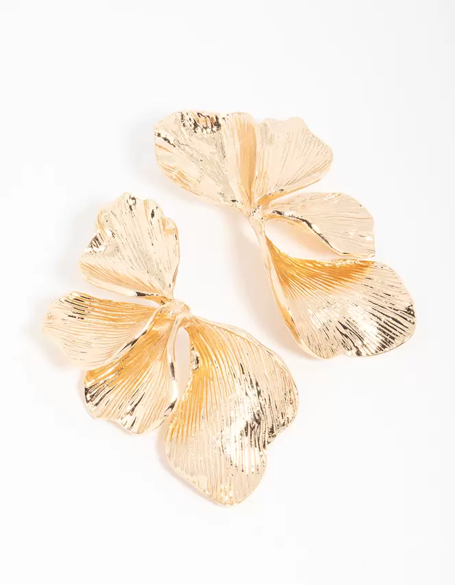 Gold Etched Large Leaf Drop Earrings