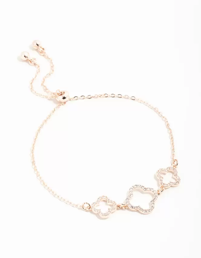 Rose Gold Cubic Zirconia Flower Trio Toggle Bracelet