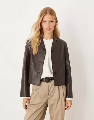 Mango faux leather short jacket in brown