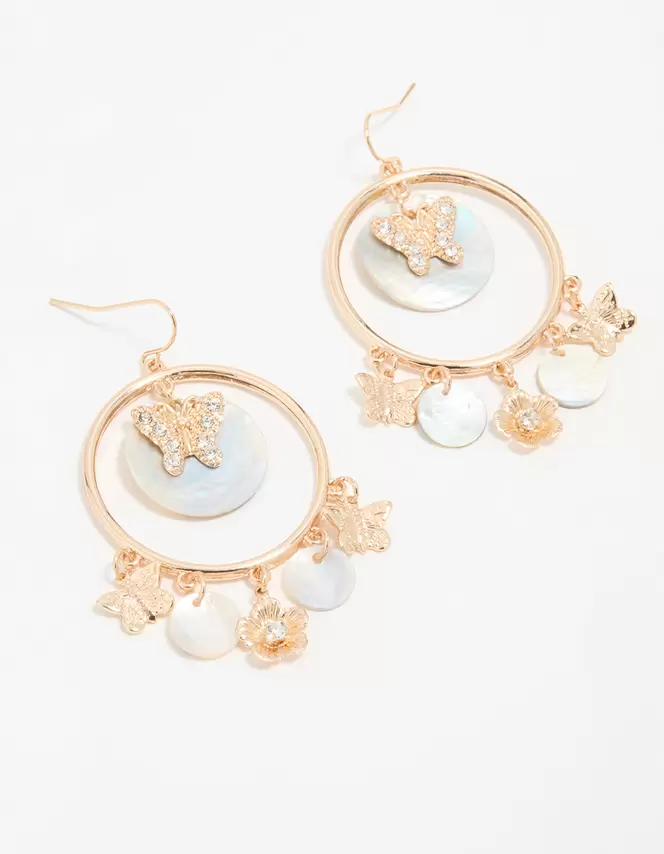 Gold Blue Genuine Shell Circle Drop Earrings