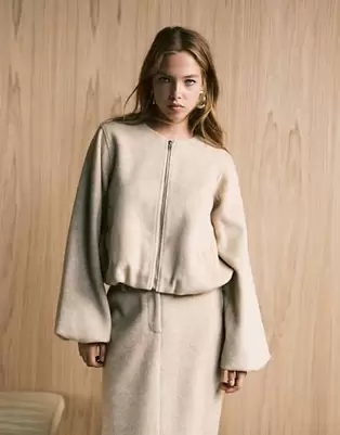 4th & Reckless wool feel balloon sleeve collarless bomber jacket co-ord in beige