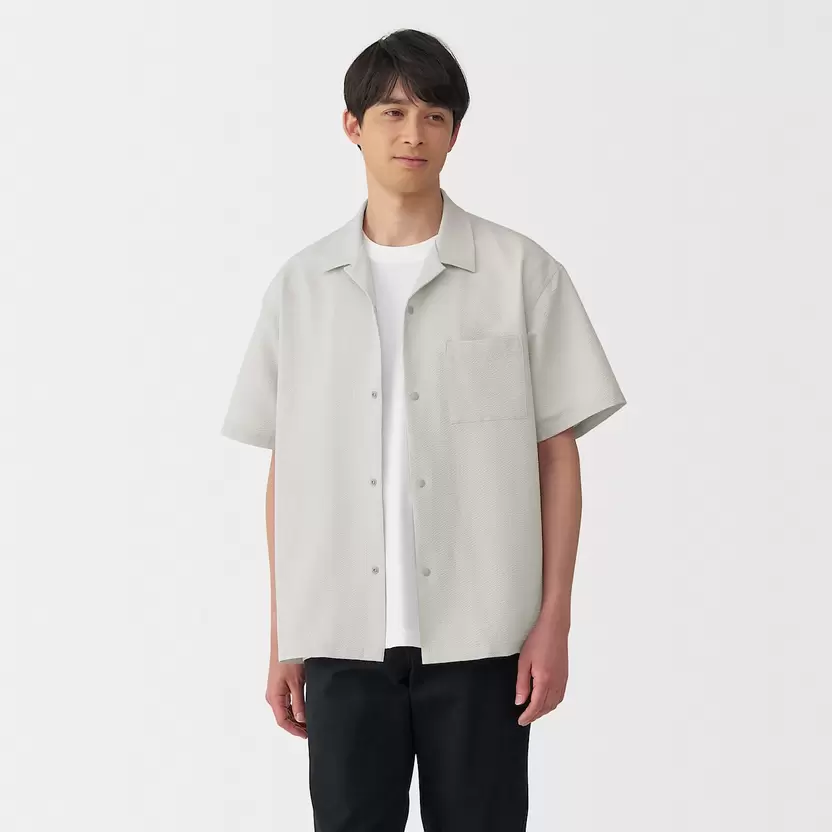 Seersucker Open Collar Short-Sleeve Shirt
