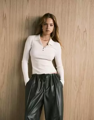 Mango wool mix knitted polo top in beige