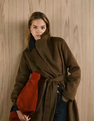 Mango wool mix longline tie waist coat in brown
