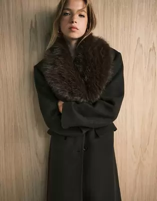 ASOS DESIGN wool blend dad coat with faux fur collar in chocolate
