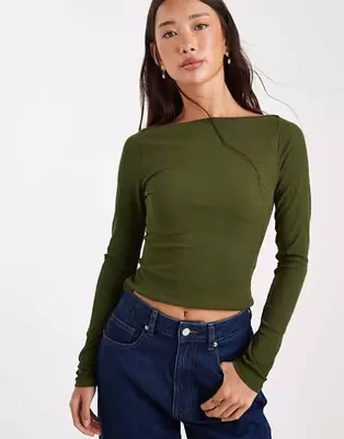 ASOS DESIGN textured mesh slash neck long sleeve top in dark olive