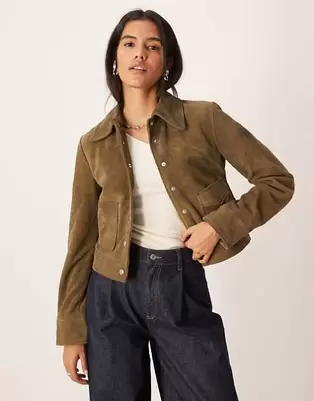 Mango 100% leather suede short jacket in khaki