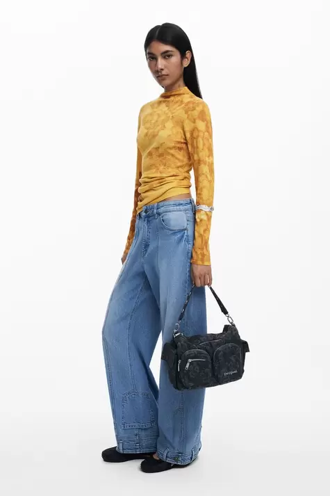 Medium denim multi-pocket embroidered bag