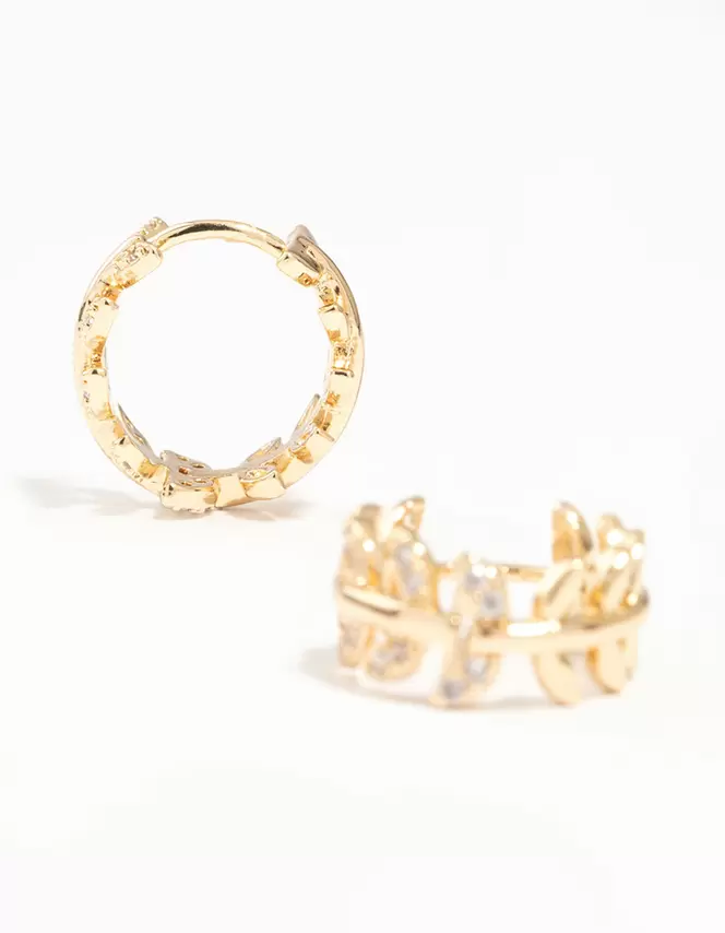 Gold Cubic Zirconia Leafy Huggie Earrings