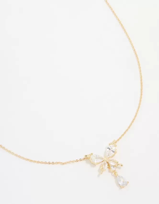 Gold Plated Cubic Zirconia Butterfly Teardrop Necklace