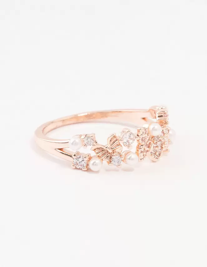 Rose Plated Gold Butterfly Pearl Band Ring