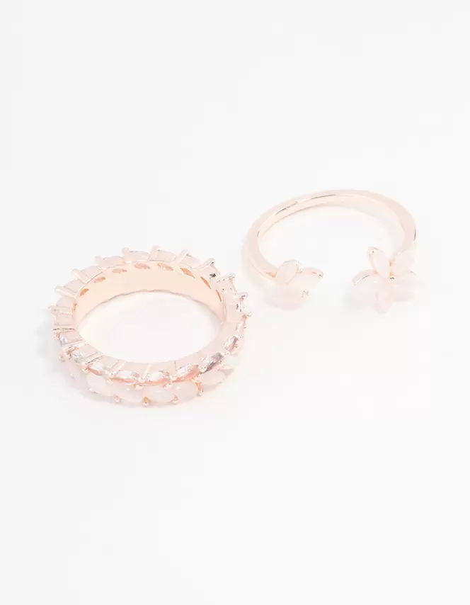 Rose Gold Plated Leaf & Flower Band Ring 2-Pack