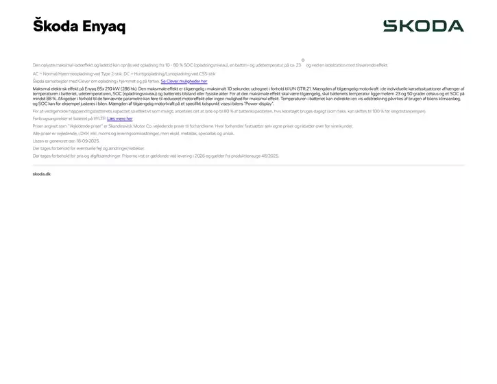 Enyaq Priser, lakfarver og standardudstyr