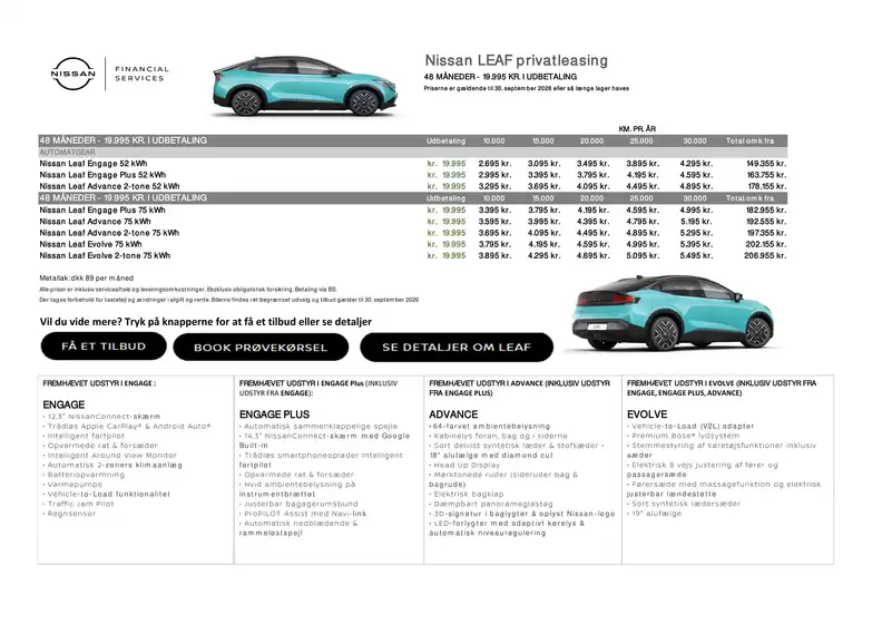Nissan katalog i Frederiksberg | LEAF Privatleasing | 2026-07-02T00:00:00.000Z - 2026-09-30T00:00:00.000Z