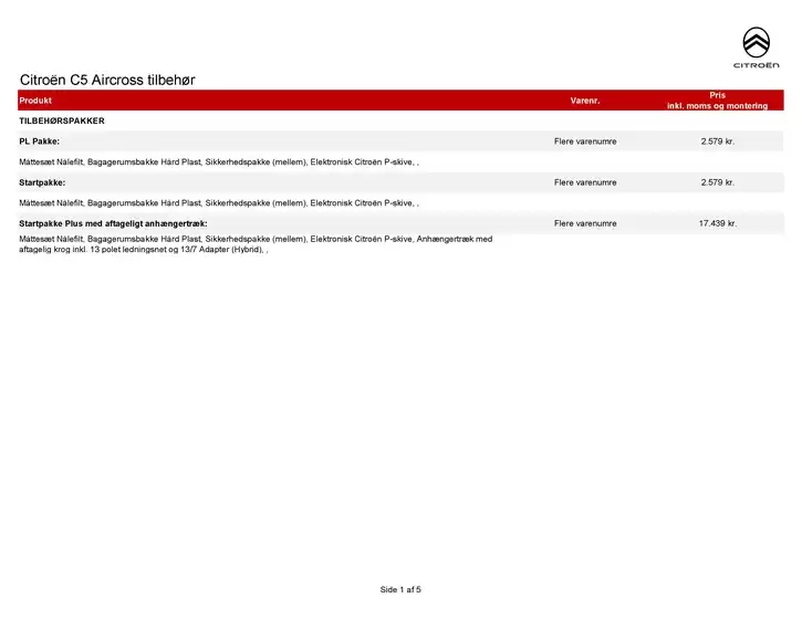 Citroën katalog | tilbehoersprislister C5 aircross | 2026-01-01T00:00:00.000Z - 2026-12-31T00:00:00.000Z