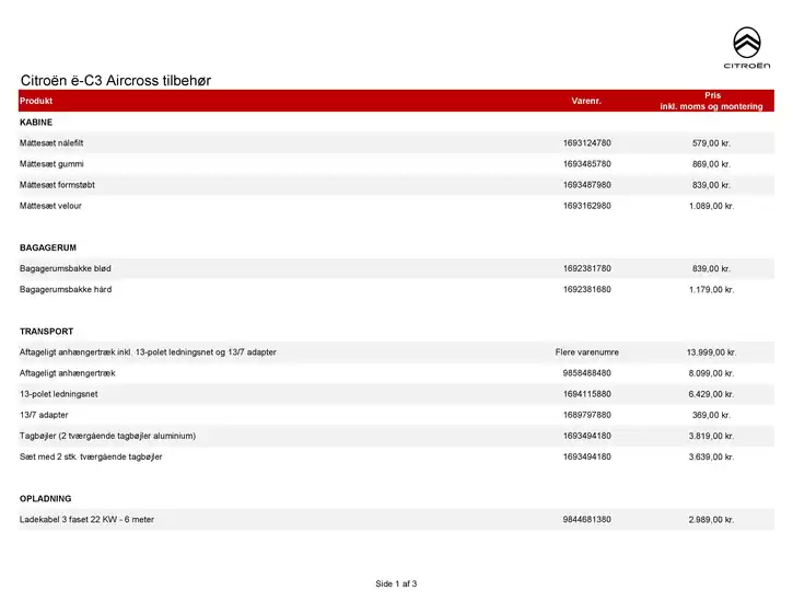 Citroën katalog | tilbehoersprislister E-c3 aircross | 2026-01-01T00:00:00.000Z - 2026-12-31T00:00:00.000Z