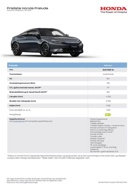 Honda katalog i Frederiksberg | Prelude Prisliste DK 28042026 | 2026-01-01T00:00:00.000Z - 2026-12-31T00:00:00.000Z