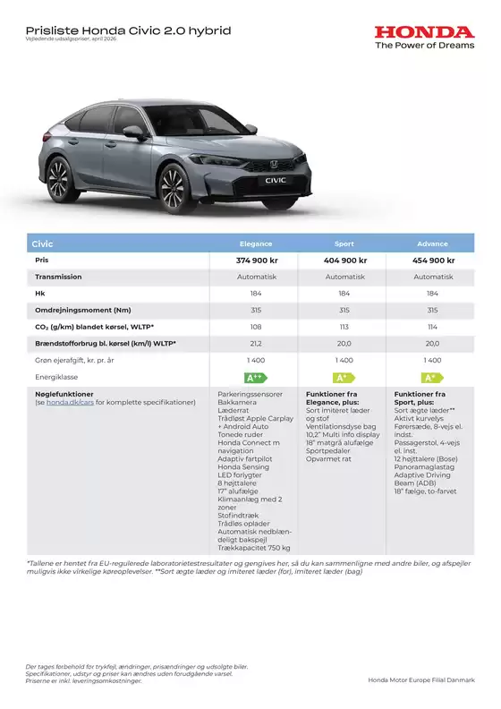 Honda katalog i Randers | CIVIC Prisliste DK 28042026 | 2026-01-01T00:00:00.000Z - 2026-12-31T00:00:00.000Z