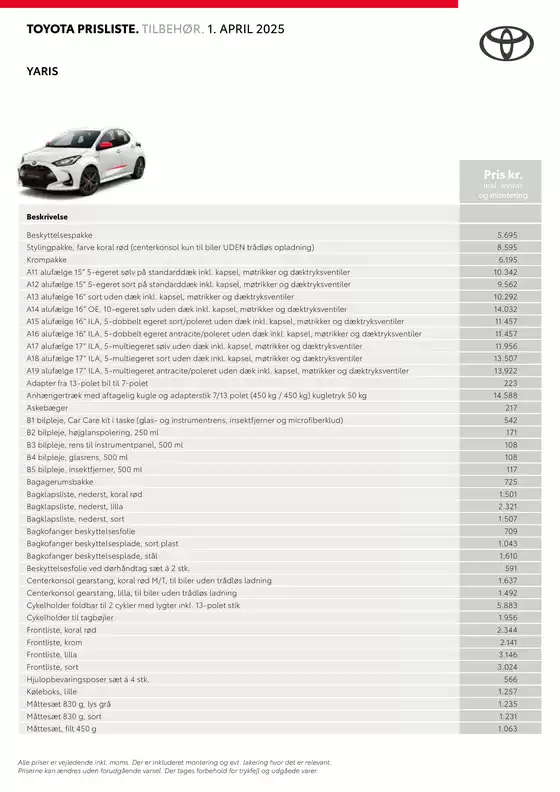 Yaris Tilbehørspriser