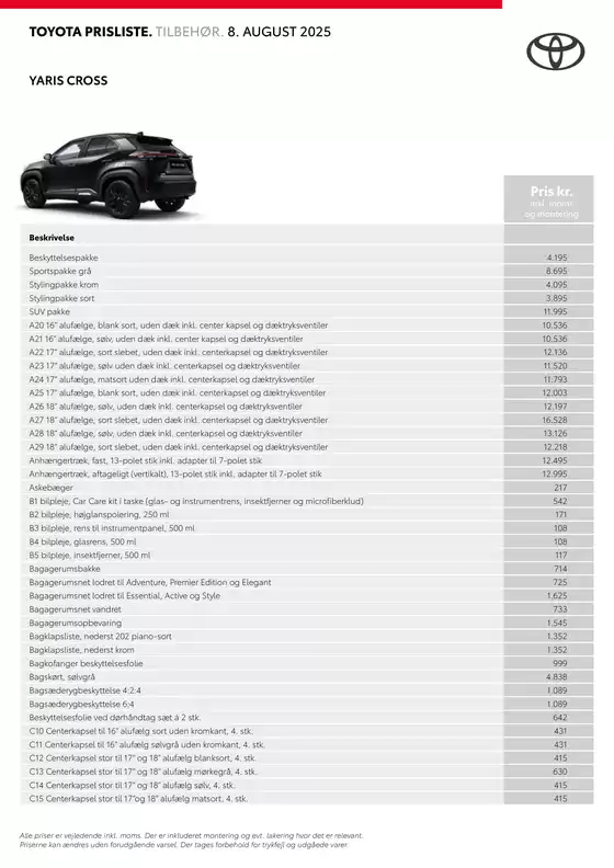Yaris Cross Tilbehørspriser
