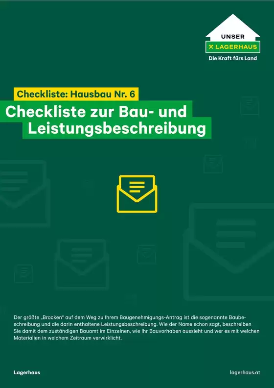Lagerhaus Flugblatt | Folder checkliste 6 hausbau bau und leistungsbeschreibung | 2026-09-03T00:00:00.000Z - 2026-09-17T00:00:00.000Z