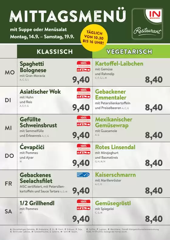 Interspar Restaurant Katalog | Menuplan kw38 | 2026-09-14T00:00:00.000Z - 2026-09-19T00:00:00.000Z