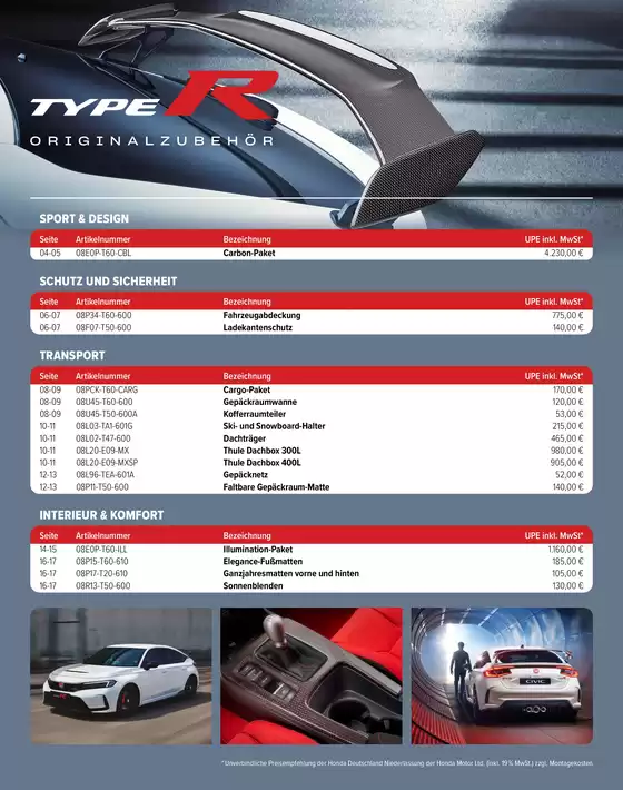 Honda CIVIC TYPE R ZUBEHÖR-PREISLISTE