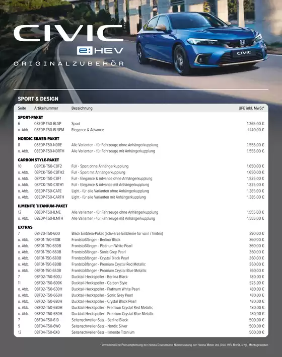 Honda Katalog in Marl | Honda CIVIC ZUBEHÖR-PREISLISTE | 2025-07-29T00:00:00.000Z - 2026-07-29T00:00:00.000Z