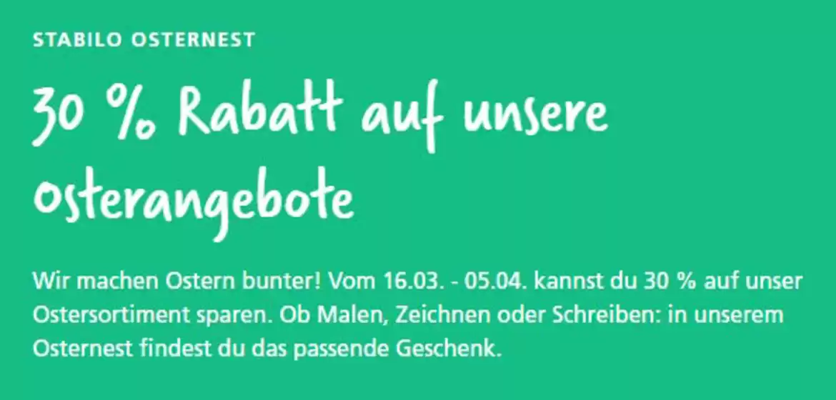 Stabilo Katalog | 30% Rabatt Auf Unsere Isterangebote | 2026-04-01T00:00:00.000Z - 2026-04-05T00:00:00.000Z