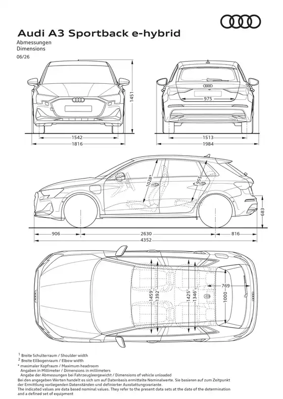 Audi Katalog in Pforzheim | A3 PA e hybrid Sportback Abmessungsskizzen | 2026-01-01T00:00:00.000Z - 2026-12-31T00:00:00.000Z