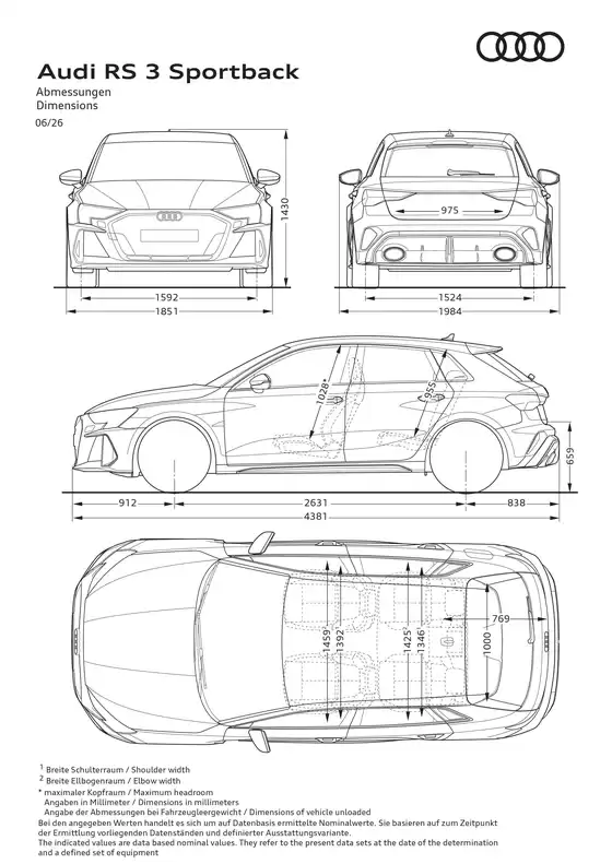 Audi Katalog in Pforzheim | RS 3 PA2 Sportback Abmessungsskizzen | 2026-01-01T00:00:00.000Z - 2026-12-31T00:00:00.000Z