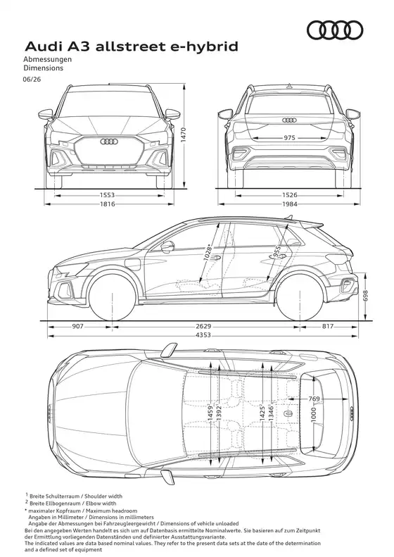 Audi Katalog in Pforzheim | A3 PA e hybrid allstreet Abmessungsskizzen | 2026-01-01T00:00:00.000Z - 2026-12-31T00:00:00.000Z