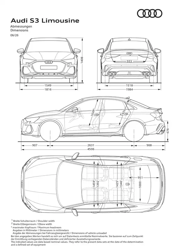Audi Katalog in Pforzheim | S3 PA2 Limousine Abmessungsskizzen v1 | 2026-01-01T00:00:00.000Z - 2026-12-31T00:00:00.000Z