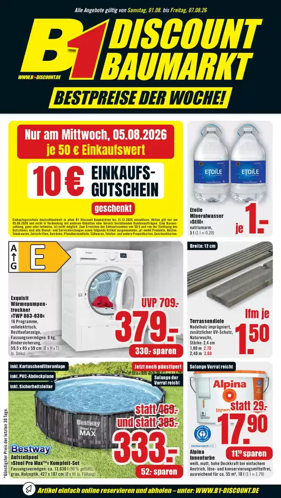 B1 Discount Baumarkt Katalog in Schmiedefeld am Rennsteig | B1 Discount Baumarkt flugblatt | 2026-08-01T00:00:00.000Z - 2026-08-07T00:00:00.000Z