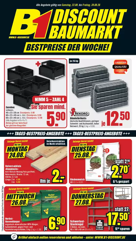 B1 Discount Baumarkt Prospekt in Upahl | B1 Discount Baumarkt flugblatt | 2026-08-22T00:00:00.000Z - 2026-08-28T00:00:00.000Z
